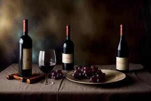 Tres botellas de vino y dos lentes de vino en un mesa. ai generado foto