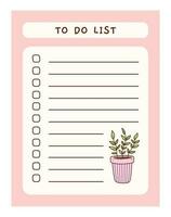 Cute to do list template with floral element. Funny design of daily planner, schedule or checklist. Perfect for planning, memo, notes and self-organization. Vector hand-drawn illustration.