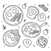 Cute breakfast set with fried eggs, bacon, toast and tomatoes. Vector hand-drawn illustration in doodle style. Perfect for various designs, cards, stickers, decorations, logo, menu, recipes.