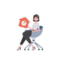 The girl sits in a chair and holds an icon of a house in her hands. Internet of things and automation concept. Isolated. Vector illustration in trendy flat style.