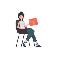 A woman sits in a chair and holds a panel with analyzers and indicators in her hands. Internet of things concept. Isolated. Trendy flat style. . vector