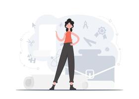 A woman stands in full growth shows an empty sheet. Place for advertising. Flat style. Element for presentations, sites. vector