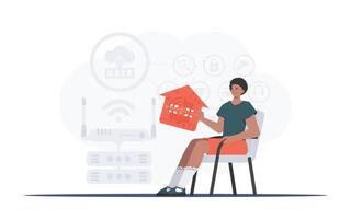 Internet de cosas y automatización concepto. un hombre se sienta en un Sillón y sostiene un casa icono en su manos. bueno para sitios web y presentaciones vector ilustración en plano estilo.