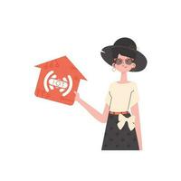 Internet of things concept. The girl is shown to the waist. A woman is holding a house icon in her hands. Isolated on white background. Vector illustration in trendy flat style.