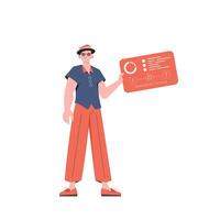 A man holds a panel with analyzers and indicators in his hands. Internet of things concept. Isolated. illustration in trendy flat style. vector