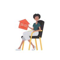 The girl sits in a chair and holds an icon of a house in her hands. Internet of things concept. Isolated. illustration in flat style. vector