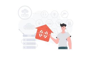 The man is depicted waist-deep, holding an icon of a house in his hands. Internet of things concept. Good for presentations. illustration in trendy flat style. vector