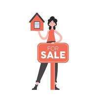 A woman stands in full growth with a house mockup and a sale sign. Isolated. Flat style. Element for presentations, sites. vector