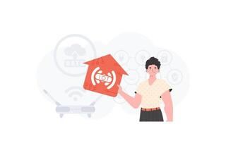 The man is depicted waist-deep, holding an icon of a house in his hands. Internet of things concept. Good for presentations and websites. illustration in flat style. vector