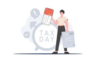 A man holds a calculator and a tax form in his hands. The concept of payment and calculation of taxes. Trend style, vector illustration.