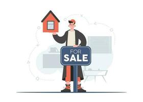 A man stands in full growth and holds a model of the house. Realtor. Flat style. Element for presentations, sites. vector