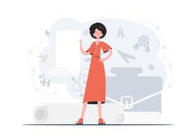 A woman stands in full growth with a blank banner in her hands. Place for advertising. Flat style. Element for presentations, sites. vector