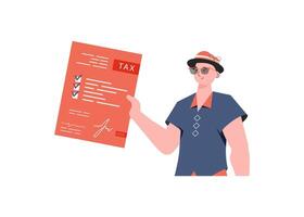 A man stands waist-deep with a tax return in his hands. Isolated. Element for presentation. vector