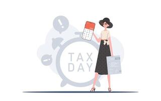 A woman holds a calculator and a tax form in her hands. The concept of payment and calculation of taxes. illustration. vector