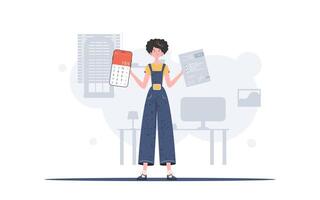 The girl is holding a calculator and a tax form in her hands. The concept of payment and calculation of taxes. illustration in a flat style. vector