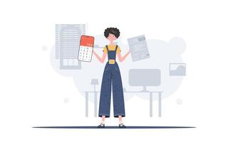 The girl is holding a calculator and a tax form in her hands. The concept of payment and calculation of taxes. Vector illustration in a flat style.