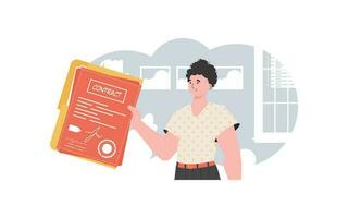 The man is holding a contract. The character is depicted to the waist. The concept of concluding contracts. Vector illustration.