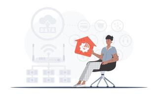 IoT concept. A man sits in an armchair and holds a house icon in his hands. Good for websites and presentations. Vector illustration in flat style.