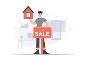 A man stands in full growth with a sale sign next to the house. Realtor. Flat style. Element for presentations, sites. vector