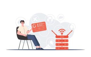 Internet de cosas concepto. un hombre se sienta en un silla y sostiene un panel con analizadores y indicadores en su manos. bueno para sitios web y presentaciones de moda plano estilo. vector. vector