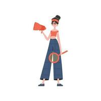 A woman stands in full growth and holds a loudspeaker. Isolated. Element for presentation. vector