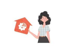 IoT concept. The girl is shown to the waist. A woman is holding a house icon in her hands. Isolated on white background. Vector illustration in flat style.