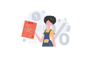 A woman stands waist-deep and holds a tax payment form. Taxes. Element for presentation. vector