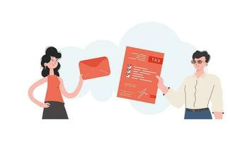 A man and a woman stand waist-deep and hold a tax form in their hands. Filling out a tax return. Element for presentation. vector