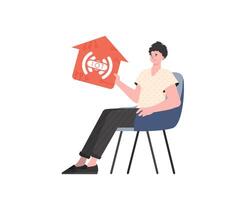 A man sits in an armchair and holds a house icon in his hands. Internet of things and automation concept. Isolated. Vector illustration in trendy flat style.