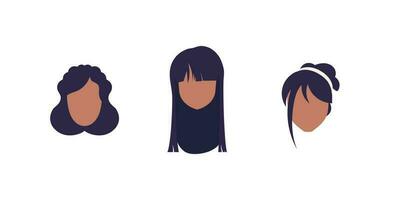 A set of faces of girls of African American appearance. Isolated on white background. Flat style. vector