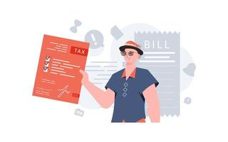 A man stands waist-deep with a tax return in his hands. Taxes. Element for presentation. vector