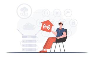 Internet of things concept. A man sits in an armchair and holds a house icon in his hands. Good for presentations. illustration in flat style. vector