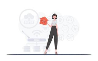 IoT concept. The woman is depicted in full growth, holding an icon of a house in her hands. Good for websites and presentations. Vector illustration in trendy flat style.