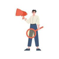 A man stands in full growth with a magnifying glass. Isolated. Element for presentation. vector