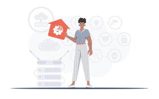 IoT concept. The man is depicted in full growth, holding the icon of the house in his hands. Good for websites and presentations. Vector illustration in trendy flat style.