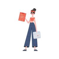 A woman stands to her full height and counts taxes. Isolated. Element for presentation. vector