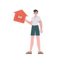 The man is depicted in full growth, holding the icon of the house in his hands. IOT and automation concept. illustration in flat style. vector