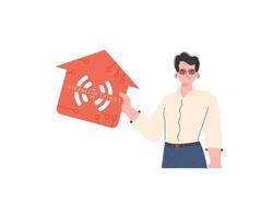 Internet de cosas concepto. el chico es mostrado a el cintura. un hombre sostiene un icono de un casa en su manos. aislado en blanco antecedentes. vector ilustración en plano estilo.