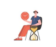 A man sits in a chair next to an hourglass. Isolated. Element for presentation. vector