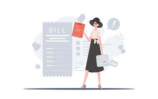 A woman stands to her full height with a tax return form in her hands. Payment of taxes. Element for presentation. vector