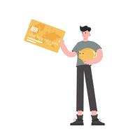 A man stands in full growth with a piggy bank and a credit card in his hands. Isolated. Flat style. Element for presentations, sites. vector