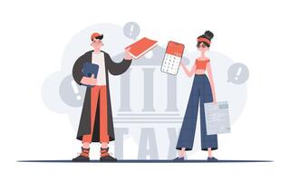 A man and a woman stand and study information about taxes. The study of taxes. Element for presentation. vector