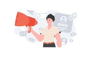 A man stands waist-deep with a loudspeaker. Search. Element for presentation. vector