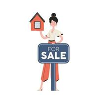 A woman stands in full growth and shows a house for sale. Isolated. Flat style. Element for presentations, sites. vector