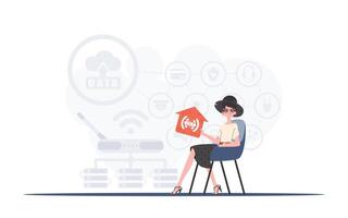 iot concepto. el niña se sienta en un silla y sostiene un icono de un casa en su manos. bueno para sitios web y presentaciones vector ilustración en de moda plano estilo.