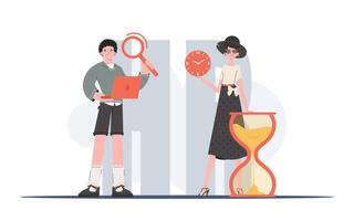 A man and a woman are standing in full growth with an hourglass and a laptop in their hands. Human resource. Element for presentation. vector