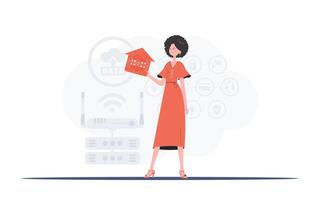 Internet of things concept. The woman is depicted in full growth, holding an icon of a house in her hands. Good for presentations. illustration in flat style. vector