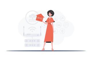 Internet of things concept. The woman is depicted in full growth, holding an icon of a house in her hands. Good for presentations. Vector illustration in flat style.