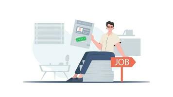 Job search concept. The guy holds in his hands the passed test for a vacancy. Trend style, vector illustration.