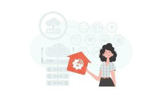 The woman is depicted waist-deep, holding an icon of a house in her hands. Internet of things and automation concept. Good for presentations and websites. Vector illustration in trendy flat style.